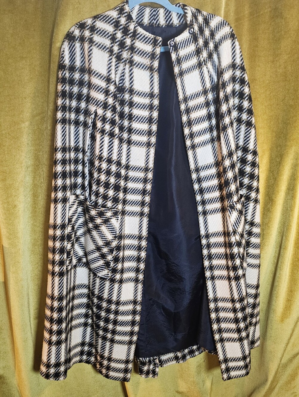 Vintage Wool Plaid Cape Coat Lined Neutral Check Cape Jacket